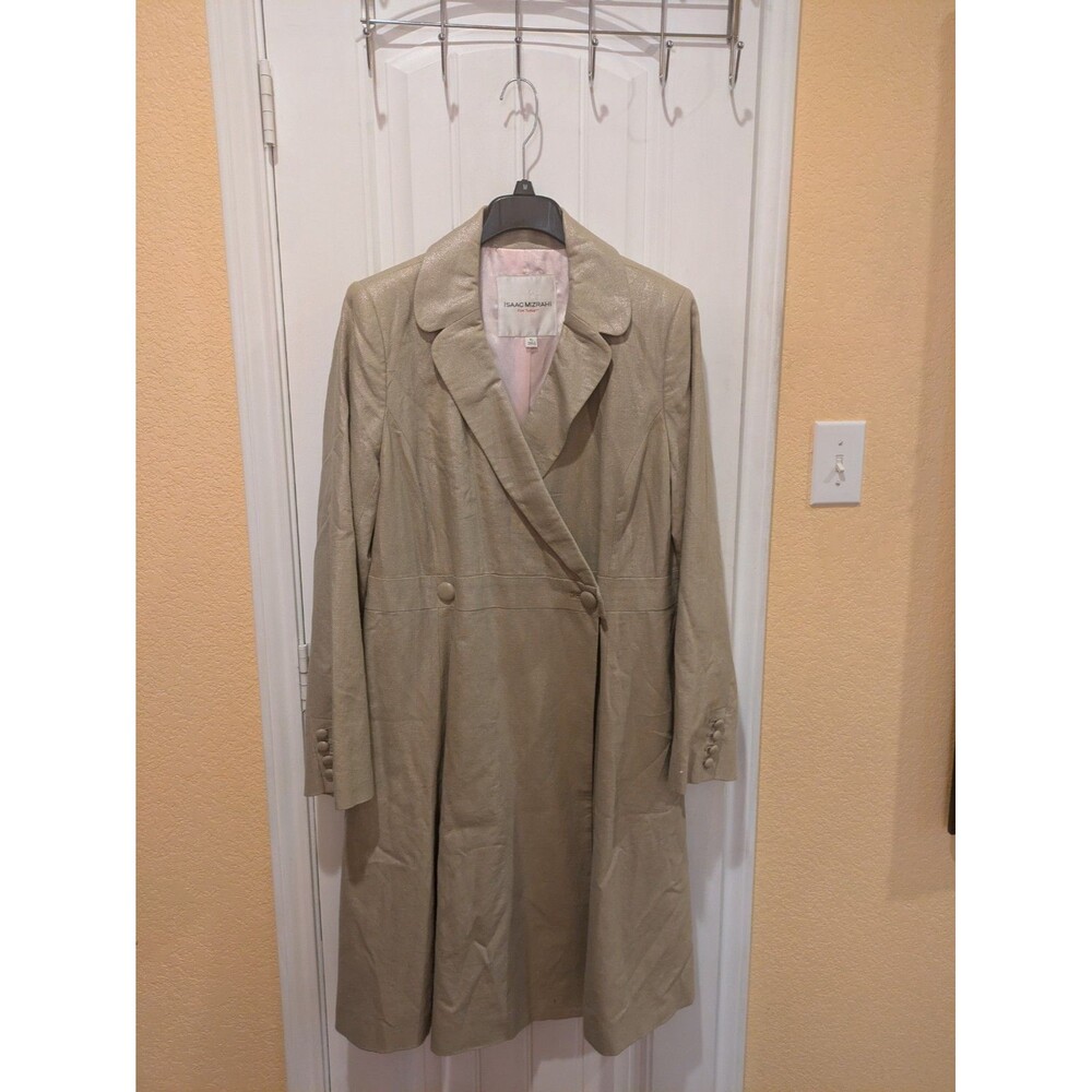 Isaac Mizrahi Linen Trench Coat Beige Size XL Satin Lined Shimmer Long